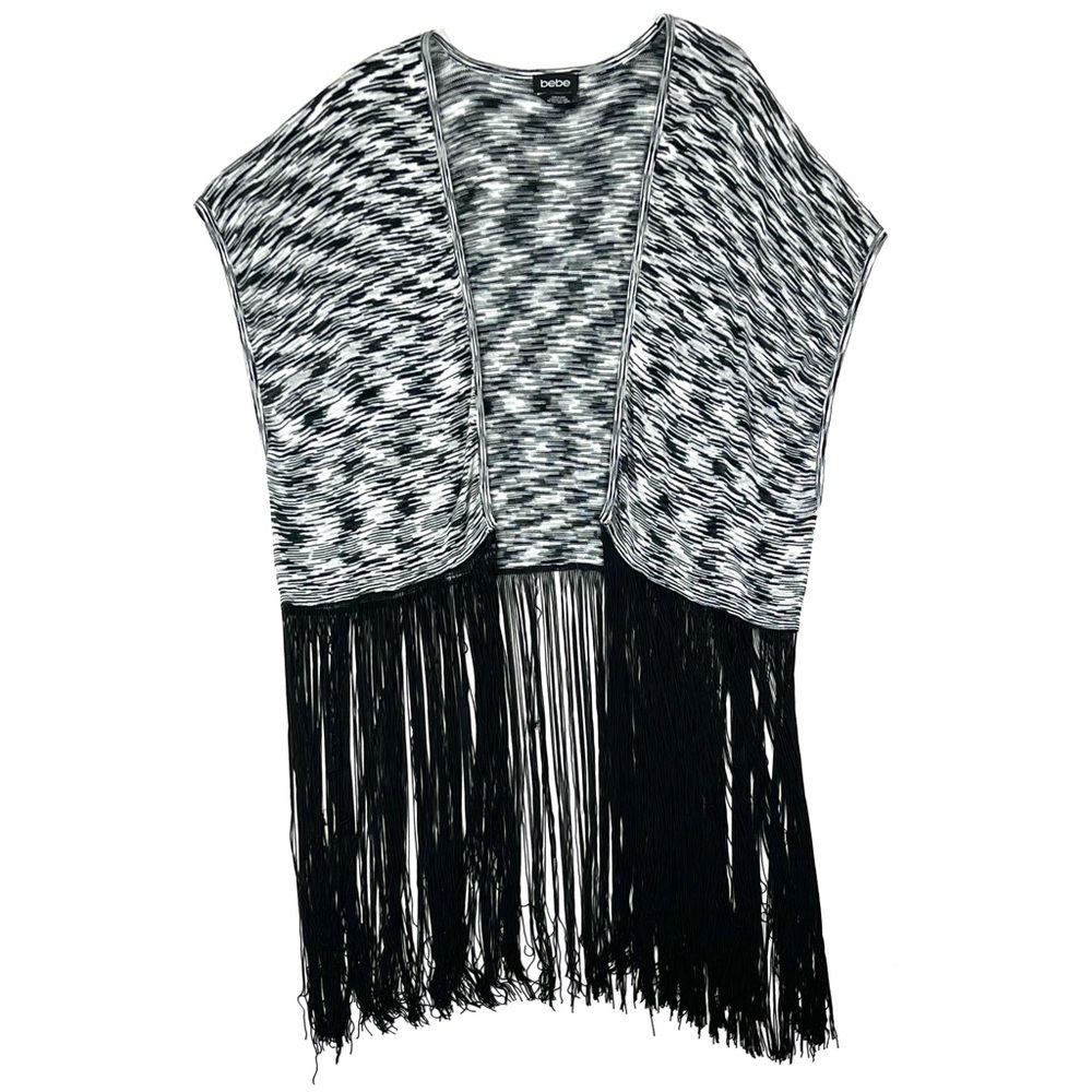 Bebe Knit Black & White Long Fringe Cardigan